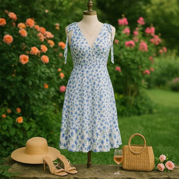 Shoshanna Helena Dress | Blue Floral Midi Sleeveless Lightweight Viscose Size 8 - Picture 1 of 12